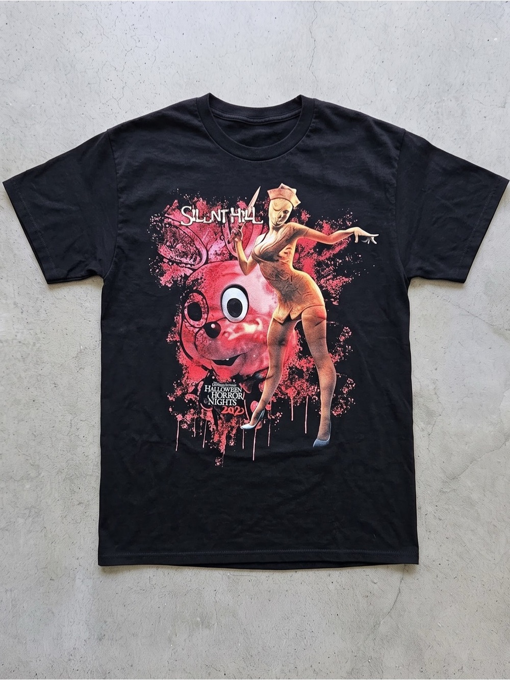 Black Short-Sleeve Graphic Tee with Red
and Yellow Horror Art
